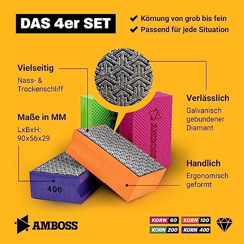 Anvil Tools Sanding Block Set Grit: 60-400 - Diamond Sanding Pad - Sanding Sponge / Suitable for Tiles + Porcelain Stoneware + Glass + Granite + Marble