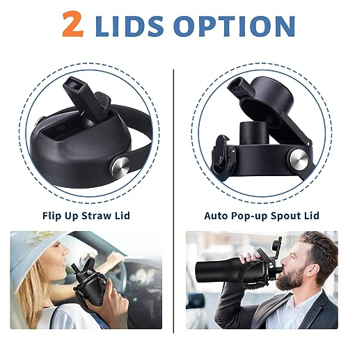 32 oz Insulated Water Bottle Fits Car Cup Holder with Straw Lid & Auto Lid Onyx Black 32 Ounces