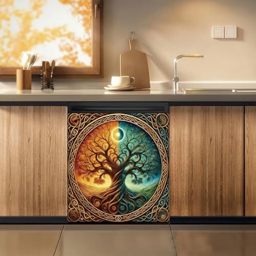 2D Flat Celtic Tree of Life Sun and Moon Dishwasher Cover 23x26 Inch Day and Night Panel Decal Washer Refrigerator Door Cover Kitchen Appliance Decorative Spiritual Symbolic Home Decor Style 2