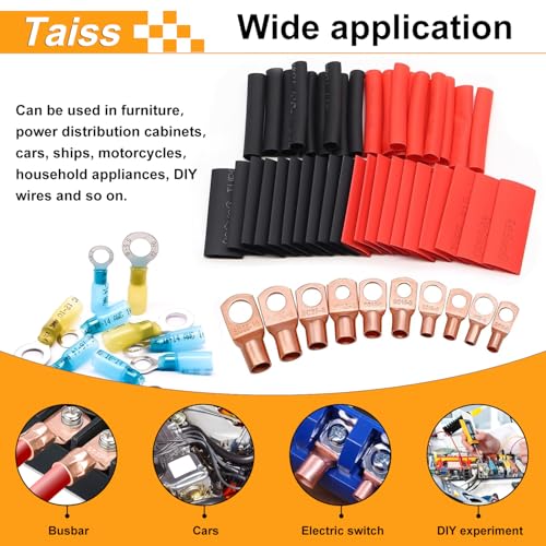 Taiss 110 pieces copper cable lugs set, shrink tube set, ring cable lugs, 6 mm², 10 mm², 16 mm², 25 mm², 35 mm², copper cable lugs, M6, M8, M10 with heat shrink tubes for car battery cable distribution boxes