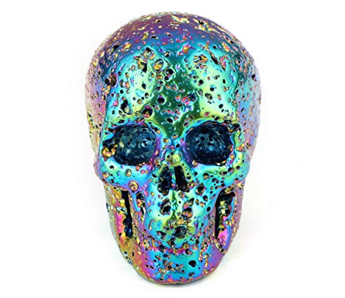 Skullis 2.0" Rainbow Aura Hot Lava Stone Crystal Skull, Hand Carved Gemstone Fine Art Sculpture, Reiki Healing Stone Statue.