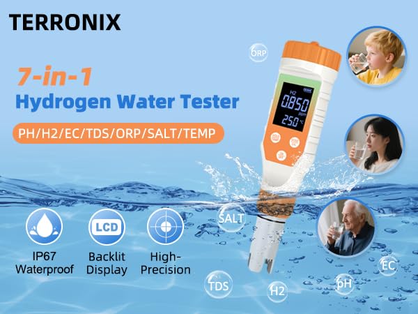 [Australia - AusPower] - 7-in-1 Hydrogen Water Tester, Digital pH TDS EC ORP Salt Temp Meter for Drinking Water, Filtered Water, Juice, Coffee, Hydrogen-Rich Water Bottle Tester 
