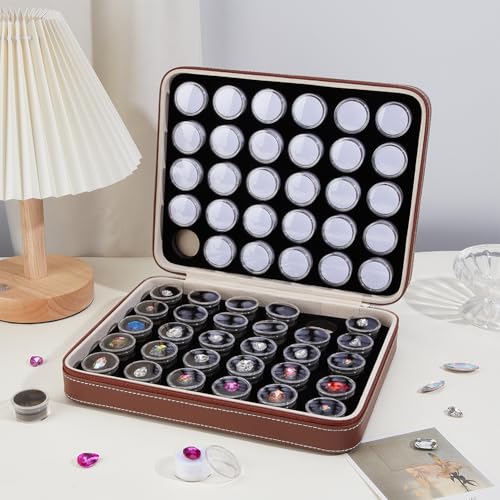 BENECREAT 10x8x2.7inch Leather Jewelry Storage Box Set, 60Pcs Plastic Round Boxes with White & Black Foam Padding Multi-Compartment Organizer for Diamond Storage, Earrings & Craft Supplies