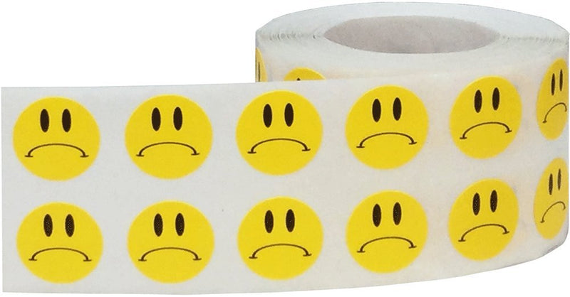 Sad Face Stickers, Yellow, 1/2 Inch Round, 1000 Count