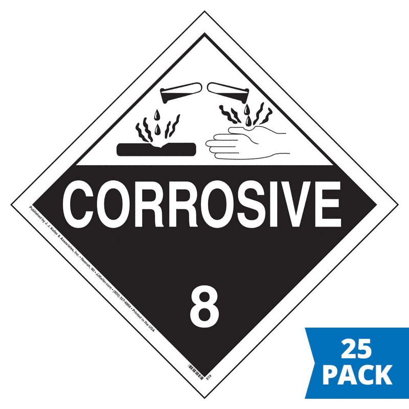 Class 8 Corrosive Placard, Worded, 10.75" x 10.75" Removable Self Adhesive Economy Vinyl for Short-Term Applications, DOT Hazmat Compliant, 25 Pack, J. J. Keller & Associates, Inc.
