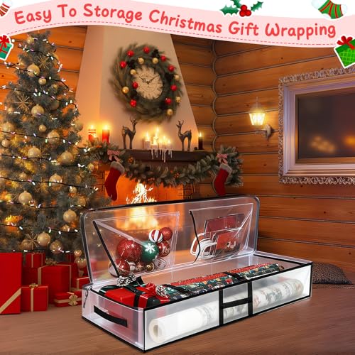 Clear Abbylike 2-pack Christmas underbed gift wrap storage organizers with compartments for wrapping paper and accessories.