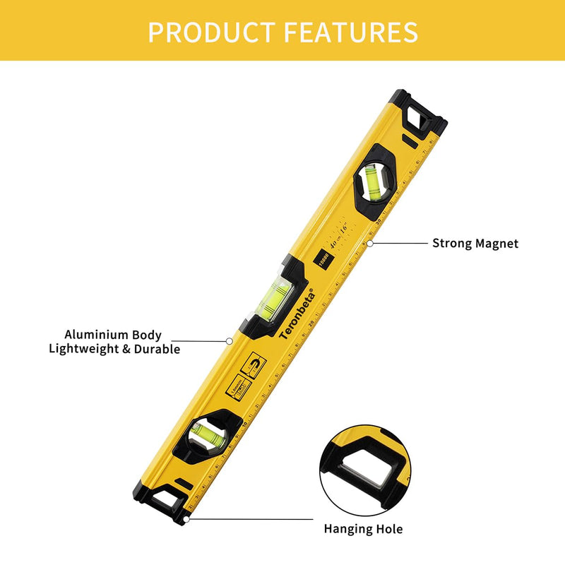 [Australia - AusPower] - Teronbeta Aluminium Alloy Spirit Level 400 mm/16 Inch Shock Proof Torpedo Level with Magnetic Base and 3 Bubble 45°,90°,180° - Yellow/Black 400mm 