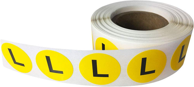 Yellow Large L Clothing Size Stickers, 0.75 Inch Round Semi Gloss Apparel Size Labels, 500 Total Adhesive Stickers on a Roll for Retail Clothing, Inventory, and Merchandising – Made in the USA
