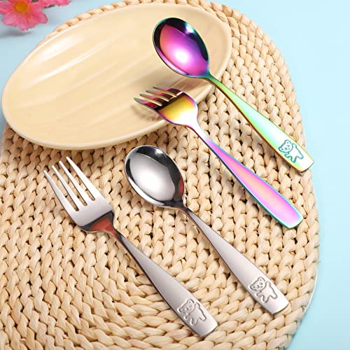 Pimoys 12 Pieces Toddler Utensils Kids Rainbow Silverware Set, Stainless Steel Childrens Safe Forks and Spoons, Metal Kids Cutlery Set, Dishwasher Safe (Pack of 2) small (Pack of 2)