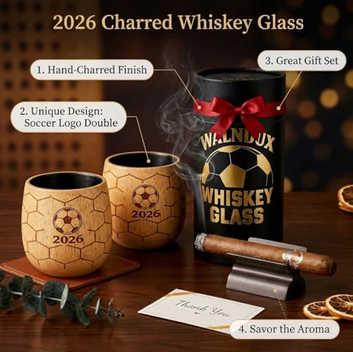 Upgraded Charred Whiskey Glasses Sets, Bourbon Drinking Glass, Bourbon Gifts for Men, Finished Wooden Old Fashioned Glass, Great Whiskey Gifts for Men, Dad, Or Brother (2 Pack) Soccer 2 Pack Charred