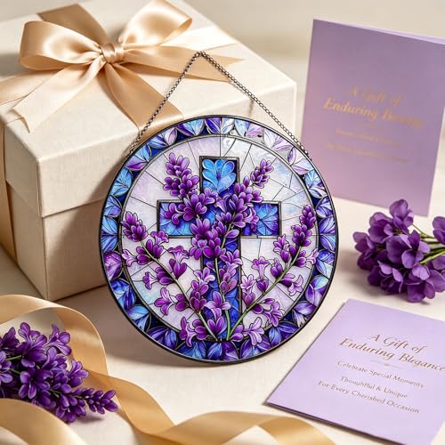 7.87" Stained Glass Cross Window Hanging Gift for Women, Purple Cross Wall Decor for Window Garden Home Christmas & Birthday Gifts Style Y