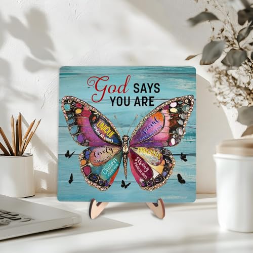 Inspirational Bible Verse Wooden Plaque Sign Decor, Christian Gifts Religious Gifts for Women, Christian Home Office Desk Butterfly Decor, God Says You Are Unique (Light blue, 5.9 x 5.9 inches) Light blue