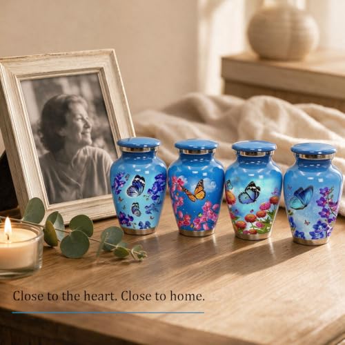 Small Urns for Human Ashes – Set of 4 Mini Keepsake Urns for Ashes, with Velvet Bag & Gift Box, Memorial Sharing Urns (Sky Blue, Set of 4) Sky Blue