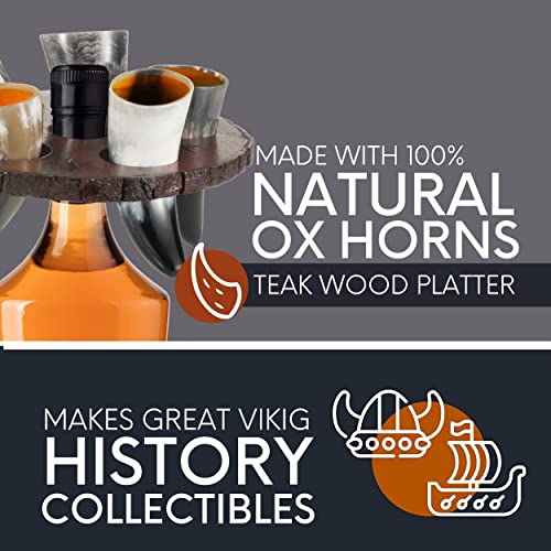 FENRIR Viking Drinking Horn Set of 5 – Gifts for Men, Dad, Husband – Unique Viking Gift – Handmade Real Ox Horn Cup with Wooden Storage Tray & Opener – For Beer, Ale, Mead