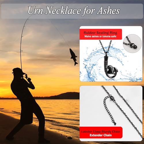 Gredstar Fishing Hook Urn Necklace for Ashes, Memorial Pendant Fishhook with Heart