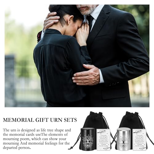 8 Sets 2.76'' Small Urns for Human Ashes Silver Black Aluminum Cremation Keepsake Funeral Urn with Memorial Cards and Velvet Bag Sets Sharing for Family Pet Ash (Tree of Life)