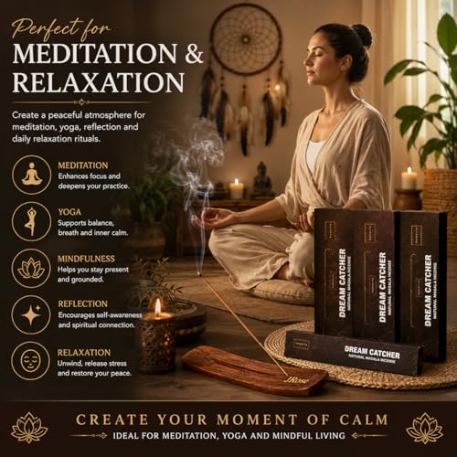 Nandita Dream Catcher Natural Masala Incense Sticks – 3 Pack | Hand-Rolled Herbal Aromatherapy | Relaxing Spiritual Fragrance | Includes JRose Incense Stick Holder Burner
