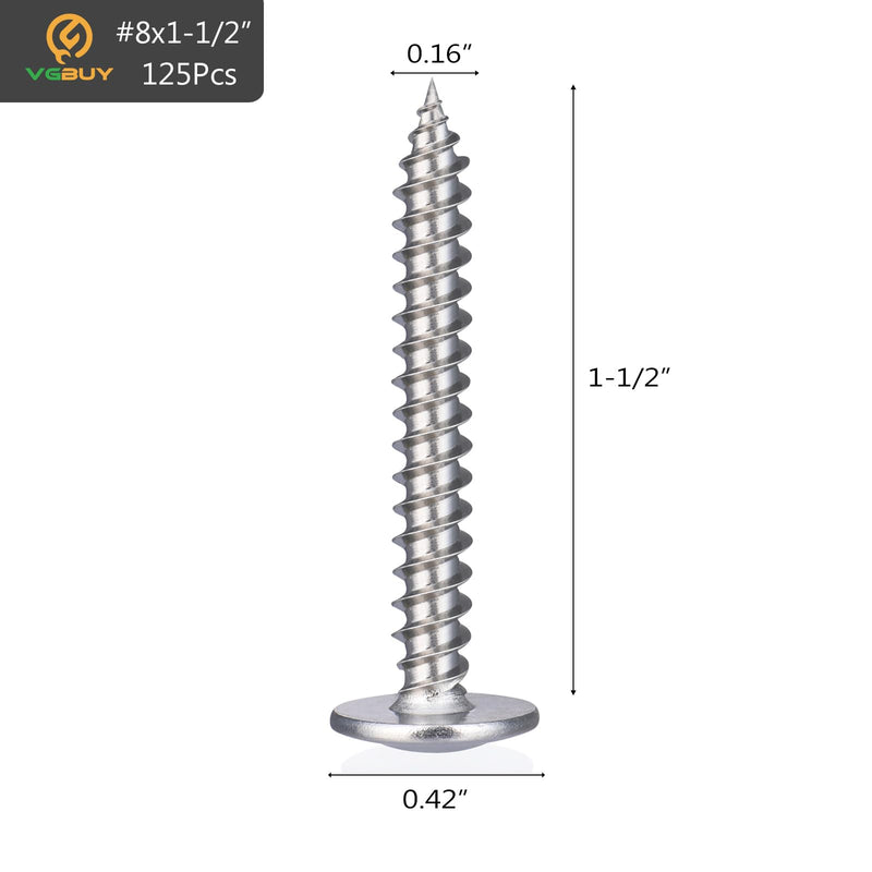 [Australia - AusPower] - 125Pcs #8 x 1-1/2 Inch Wood Screws Phillips Modified Truss Head Stainless Steel 410 Quick Metal Self Tapping Screws 