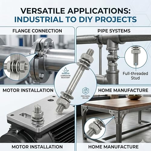 TEN-HIGH M10 x 150mm 304 stainless steel double-end threaded stud bolts with nuts and washers, 4-piece kit