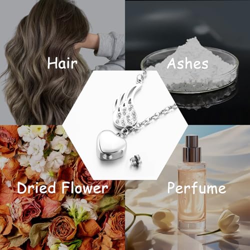 XIUDA Heart Urn Necklace for Ashes with Angel Wing Crystal Cremation Jewelry for Ashes Stainless Steel Memorial Ash Necklace for Women Ash Holder Silver