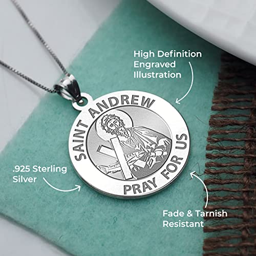 PicturesOnGold.com Saint Andrew Pray for Us Religious Medal Pendant Necklace - 3/4 Inch Size of a Nickel - Silver