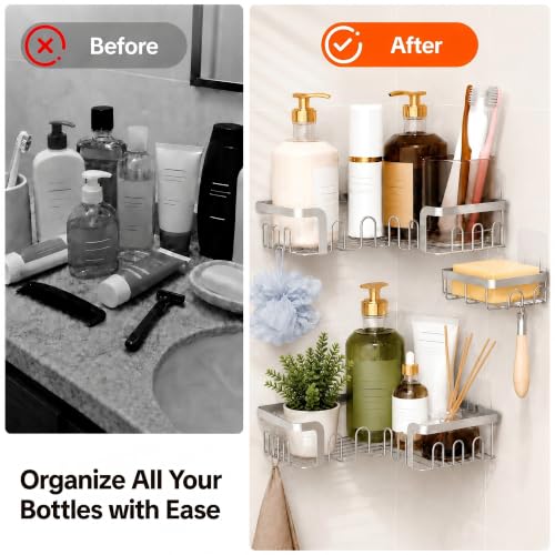 Corner Shower Caddy 3 Pack, Wall Mounted Adhesive Shower Caddy with Soap Holder and 24 Hooks, No Drill Rustproof Stainless Steel Shower Shelf for Inside Shower, Silver