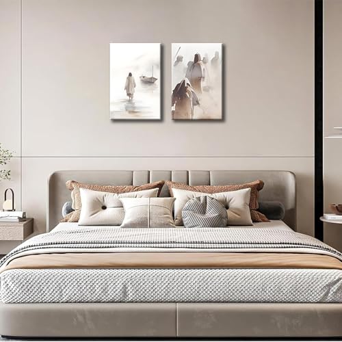 2pcs Framed Jesus Christ Walking Water Scenes Wall Art Christian 12x16in White 12x16 in