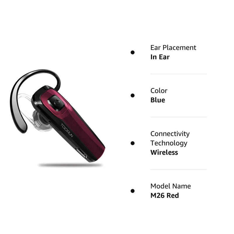 [Australia - AusPower] - Bluetooth Earpiece, M26 Bluetooth Headset Handsfree Wireless Headphone with Noise Cancelling and Microphone Compatible for Android iPhone Cell Phone Laptop - Red 