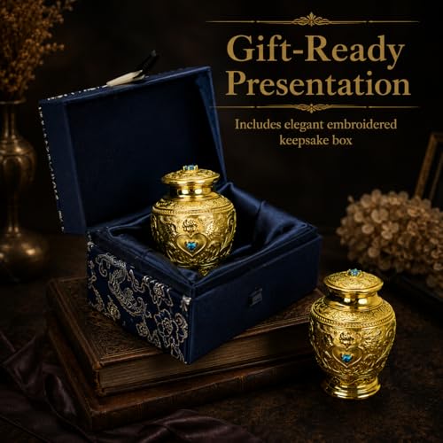 Premium Solid Brass Memorial Urn – Angel & Baroque Relief Design with Sapphire Inlay, Luxury Keepsake for Ashes of Pets or Loved Ones (Aging) Aging