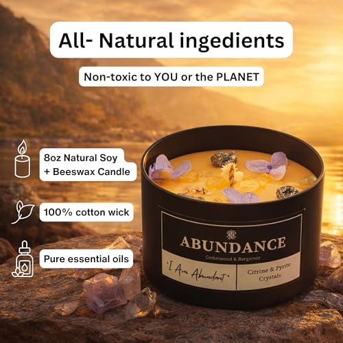 Abundance Crystal Candle – Citrine & Pyrite Crystals for Wealth & Success. Infused Cedarwood & Bergamot Scented Manifestation Candle with Gold Leaf & Hydrangea. Spiritual Gifts for Women Abundance