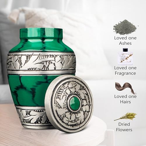 Small Keepsake Cremation Urn for Human Ashes Men Women with Velvet Heart Case, Bag & Funnel – Green Mini Family Sharing Funeral Tiny Urn Male Female or Pet - Memorial Decorative Urn for Mom Dad