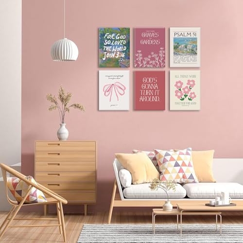 BingruiArt Pink Bow Psalm 51 Bible Verse Wall Art Set of 6 12x16 Framed Pink2 12x16inch canvas