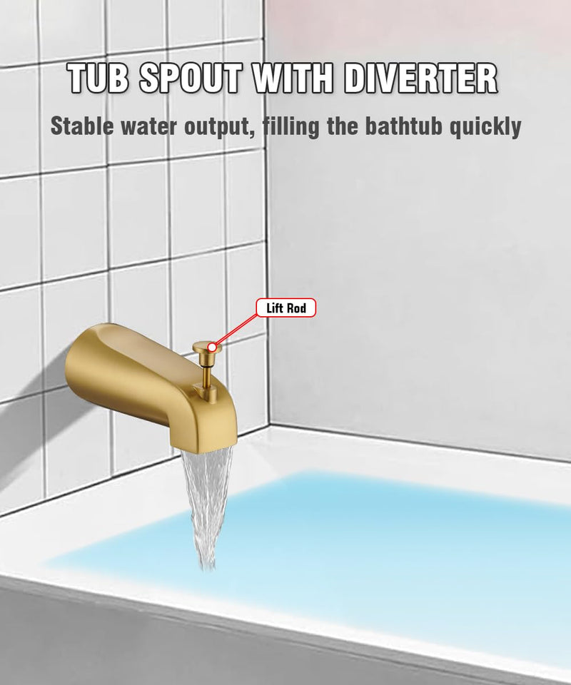 Tub Spout with Diverter, Slip On Bathtub Spout Fits 1/2'' Copper Tube(5/8'' Dia), Bathroom Tub Faucet with PTFE Tape & Hex Wrench, Brushed Gold