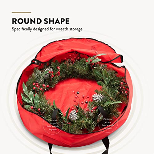 ZOBER 2 Pack Oxford Christmas Wreath Storage Container 48 Inch - Wreath Bag for Artificial Wreaths Box - Waterproof Fabric, Dual Zippered Wreaths Storage Bag With Strong Durable Handles - Red