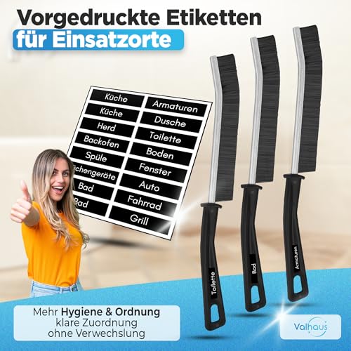 Valhaus Grout Brush Set of 3 - Cleaning Brush with Antibacterial Material (Silver Ions), Multifunctional Joint Cleaner Bathroom, Kitchen, Toilet & More, Hard Bristles, Cleaning Brush 3er Set - Standard