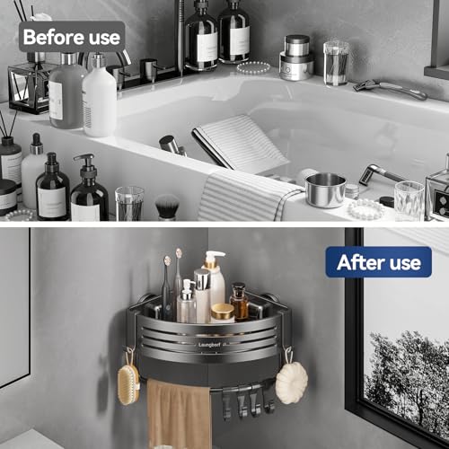 Gray corner shower caddies with suction cups, set of two, triangle-shaped for bathroom organization by LAUNGBORF.