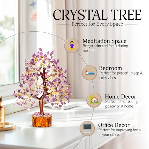 YATSKIA Amethyst Crystals Tree of Life - Spiritual Decor - Good Luck Gifts - Meditation Accessories - Chakra Stones - Money Tree - House Warming Gifts for Home Purple