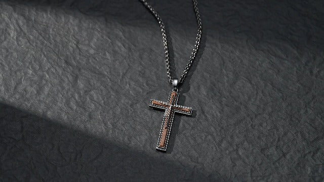 NORBU Wooden Cross Necklace for Men, Black Natural Wood Cross Pendant Grey black Style D