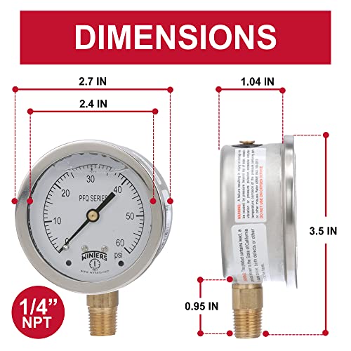 Winters Instruments 2-1/2 inch glycerin-filled pressure gauge, stainless steel case, 0-60 psi, 1/4 inch NPT bottom mount