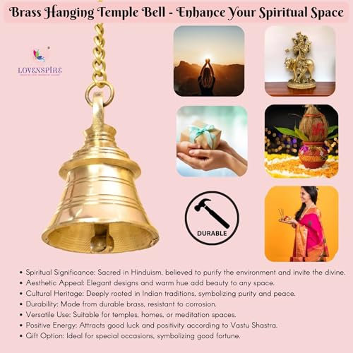 LoveNspire Brass Hanging Bell with Chain for Temple - Indian Wall Mounted Ghanti for Home, Mandir, and Housewarming | Ideal for Diwali Pooja, Christmas, and Spiritual Decor 19 Inches