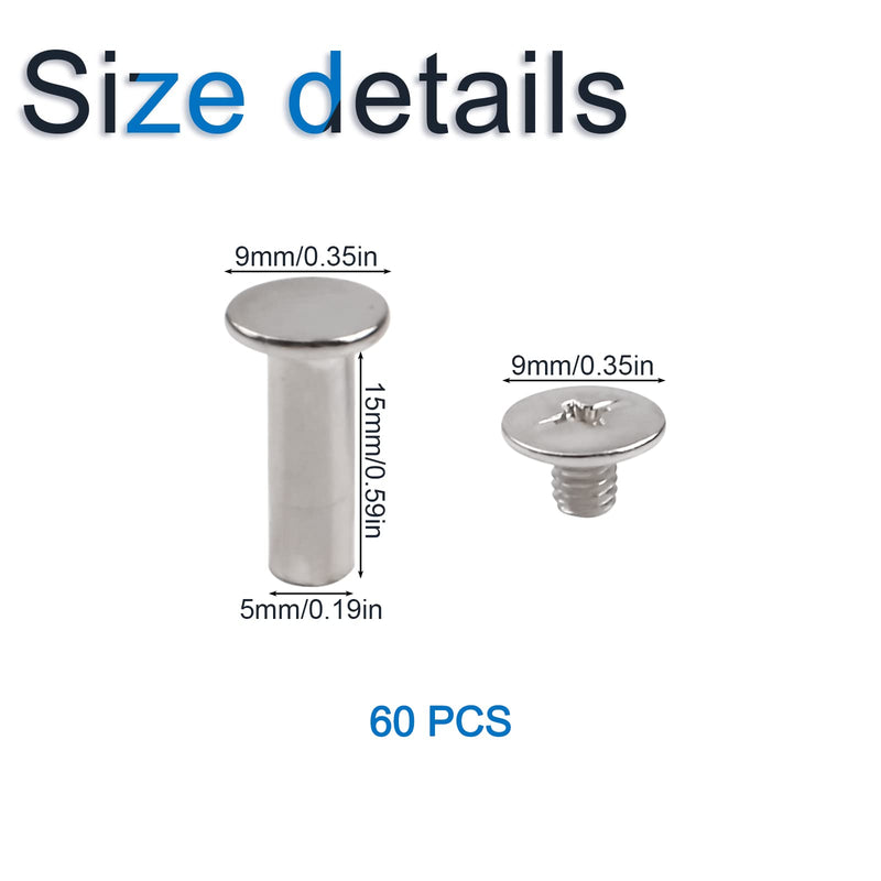 [Australia - AusPower] - Phillips Screws, 60 Sets 5mm X 15mm Nickel Plated Chicago Binding Screws Round Cross Head Stud Screw Posts Nail Rivet, Silver Tone 