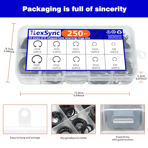 NexSync external retaining rings assortment kit with snap ring pliers and interchangeable jaws, 250 pieces
