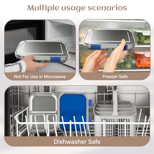 BABHAMNESS Stainless Steel Bento Box Kids, 3 Compartments Leak Proof Metal Bento Lunch Box, 304 Stainless Steel Bento Lunch Containers for School and Office,Dishwasher Safe, BPA-Free-Blue Blue