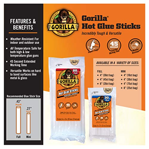GORILLA Mini Hot Glue Sticks, 4-inch clear adhesive sticks, 30 count, pack of 2