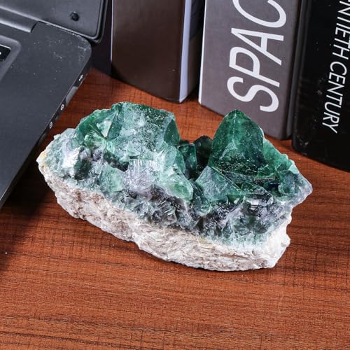 Amogeeli Natural Green Fluorite Crystal for Home Office Tabletop Decor Rough Stone Mineral Specimen for Healing 1.1-1.32 lb