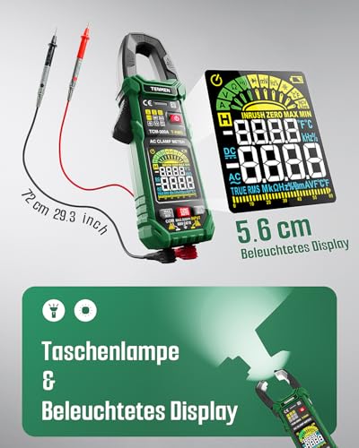TESMEN TCM-300A Digital Clamp Meter 6000 Counts T-RMS Ammeter Auto Ranging Multimeter Voltmeter with AC Current AC/DC Voltage NCV/Live Wire Inrush Current Resistance Diode Temperature - Green