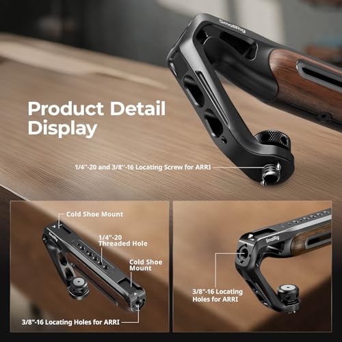 SmallRig Wooden Top Handle with Retractable 1/4''-20 and 3/8''-16 Locating Screw for ARRI, Max Load 15kg / 33.1lb for Universal Camera Cages and Rigs, 2 Cold Shoe Adapters to Mount Accessories- 5252
