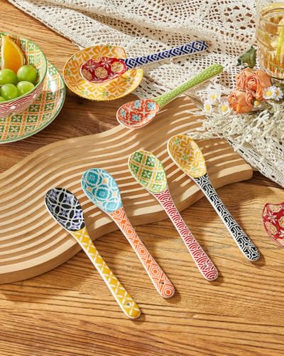 Metahom 8.5" Colorful Long Handle Spoons, Ceramic Serving Spoons Set of 6 Vibrant Color 8.5 inch