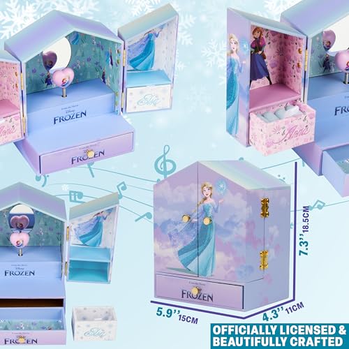 Get Trend Disney Frozen Musical Jewelry Box for Girls with Mirror, Drawers, and Wind Up Music, Jewelry Organizer for Rings, Charms, Gifts for Girls (Lilac Frozen) Lilac Frozen 7.3x5.9x4.3inch
