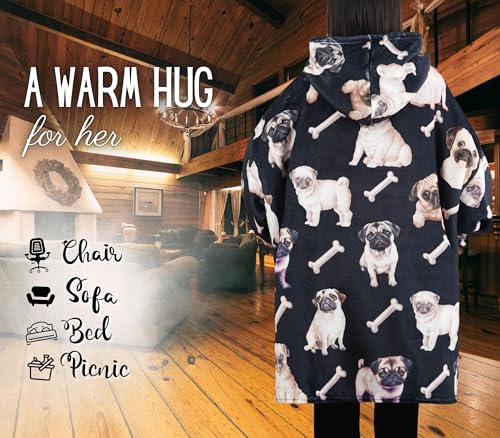 Huglanket Pug Gifts Wearable Blanket Hoodie, Oversized Wearing Blanket for Pug Lovers - Watercolor